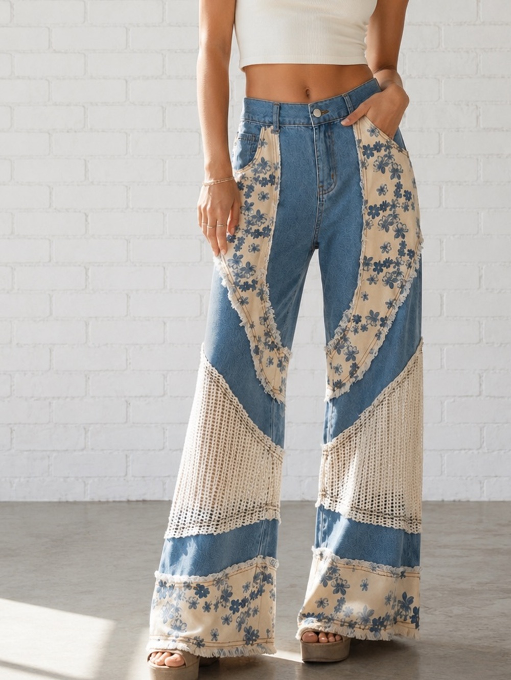 POL Boho Jeans - Patchwork Floral Crochet - Wide Leg
